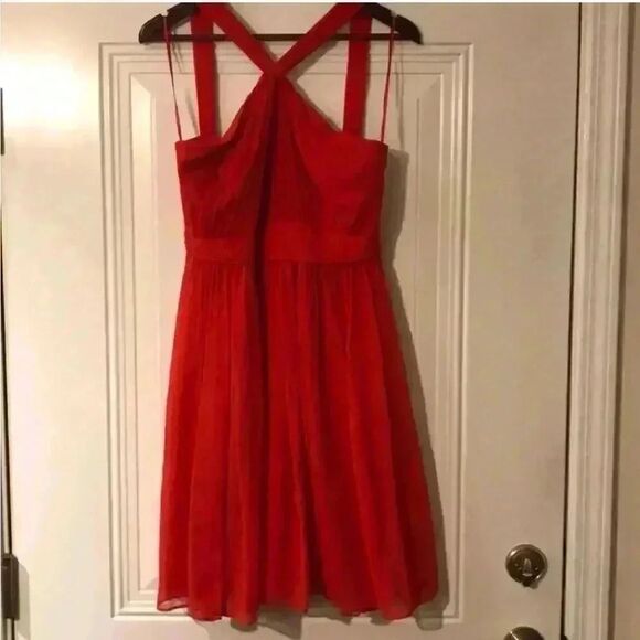 GORGEOUS silk chiffon Poppy Red Sinclair J Crew Halter Dress (4) gauze - Picture 1 of 5